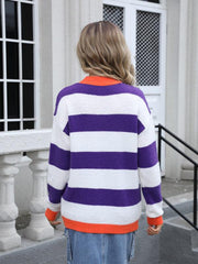 Ladies round neck long sleeve striped sweater