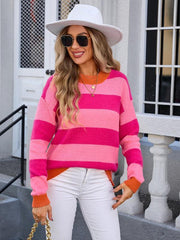 Ladies round neck long sleeve striped sweater