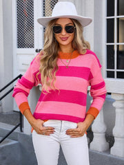 Ladies round neck long sleeve striped sweater