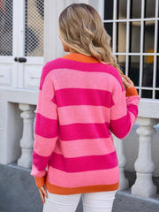 Ladies round neck long sleeve striped sweater