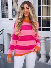 Ladies round neck long sleeve striped sweater