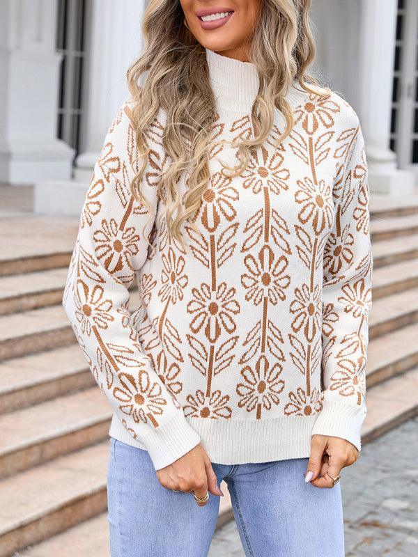 Women's high collar floral long sleeve sweater