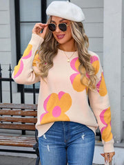 Women's round neck fashionable big flower sweater