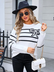 Women's Striped Bow Round Neck Knitted Sweater