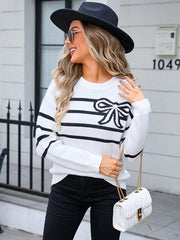 Women's Striped Bow Round Neck Knitted Sweater