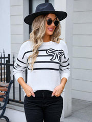 Women's Striped Bow Round Neck Knitted Sweater