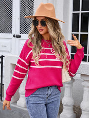 Women's Striped Bow Round Neck Knitted Sweater