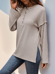 New button round neck ribbed simple casual ladies t-shirt top