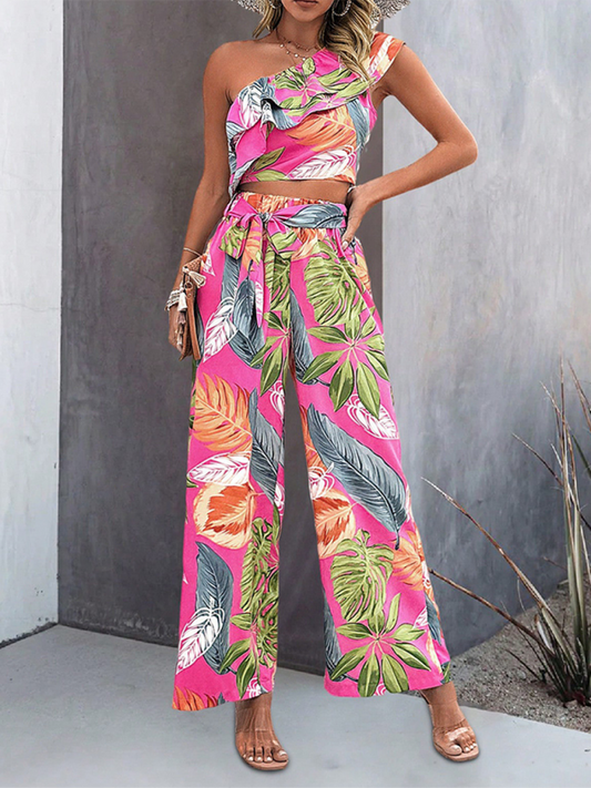 style off-shoulder short print wide-leg pants two-piece set