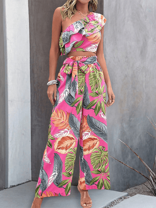 style off-shoulder short print wide-leg pants two-piece set