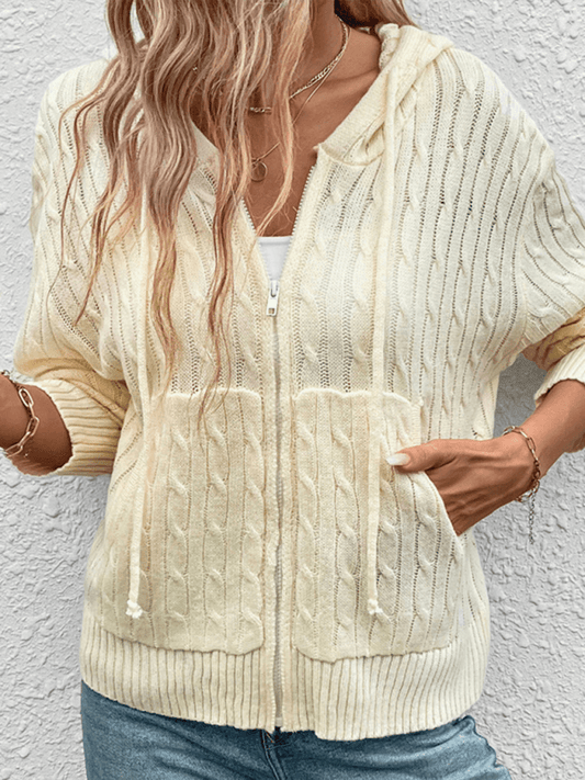 Simple Hooded Cable Cardigan Sweater