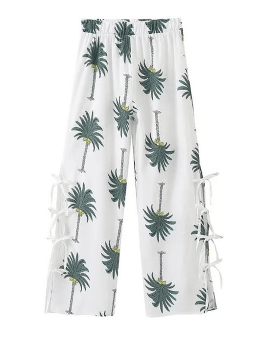 Women's V-neck Holiday Coconut Tree Print Sleeveless Vest Top Trousers Set