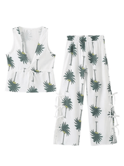 Women's V-neck Holiday Coconut Tree Print Sleeveless Vest Top Trousers Set