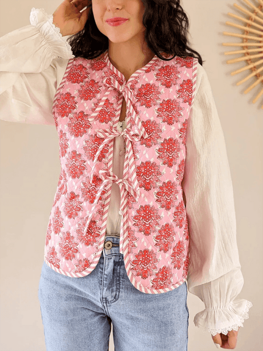 Women's Pink Floral Print Lace-Up Padded Vest