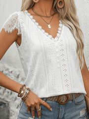 lace splicing short-sleeved T-shirt V-neck casual top