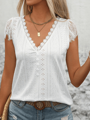 lace splicing short-sleeved T-shirt V-neck casual top