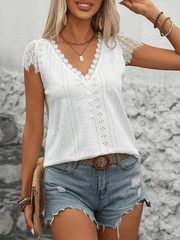 lace splicing short-sleeved T-shirt V-neck casual top