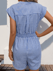 Women's Casual Striped Romper Pocket Button Tie Short Sleeve