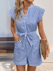 Women's Casual Striped Romper Pocket Button Tie Short Sleeve