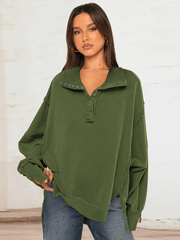 Women's Lantern Sleeve Decorative Lines Split Lapel Loose Sweatshirt