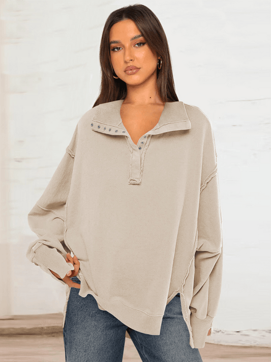 Women's Lantern Sleeve Decorative Lines Split Lapel Loose Sweatshirt