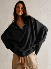 Women's Lantern Sleeve Decorative Lines Split Lapel Loose Sweatshirt