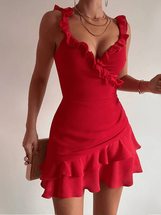 Women's ruffled slim suspender dress