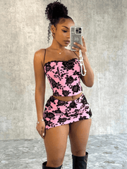 rose print suspenders sexy slim hip skirt set