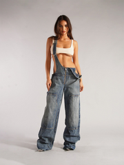 Women's New Loose Casual Pocket Wide Leg Pants Zipper Denim Overalls