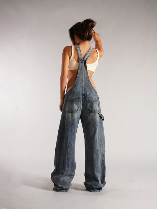 Women's New Loose Casual Pocket Wide Leg Pants Zipper Denim Overalls