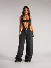 Women's New Loose Casual Pocket Wide Leg Pants Zipper Denim Overalls