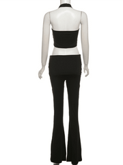 sexy belly-baring halter neck vest comfortable slim high waist flared trousers suit