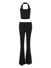 sexy belly-baring halter neck vest comfortable slim high waist flared trousers suit