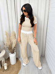 Women's round neck contrast color short sleeve fashion casual wide leg pants sports suit