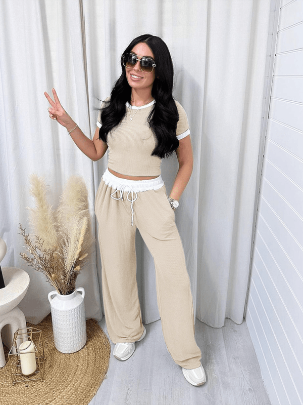 Women's round neck contrast color short sleeve fashion casual wide leg pants sports suit