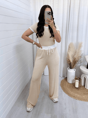 Women's round neck contrast color short sleeve fashion casual wide leg pants sports suit