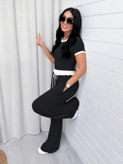 Women's round neck contrast color short sleeve fashion casual wide leg pants sports suit