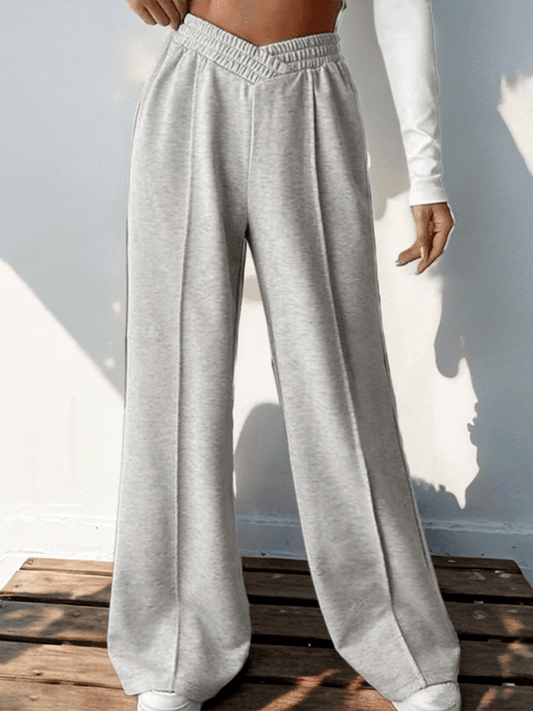 women's casual elastic V-neck high waist stitching wide leg trousers