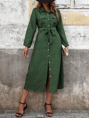 Lapel Green Long Sleeve Midi Dress