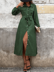 Lapel Green Long Sleeve Midi Dress