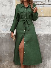 Lapel Green Long Sleeve Midi Dress