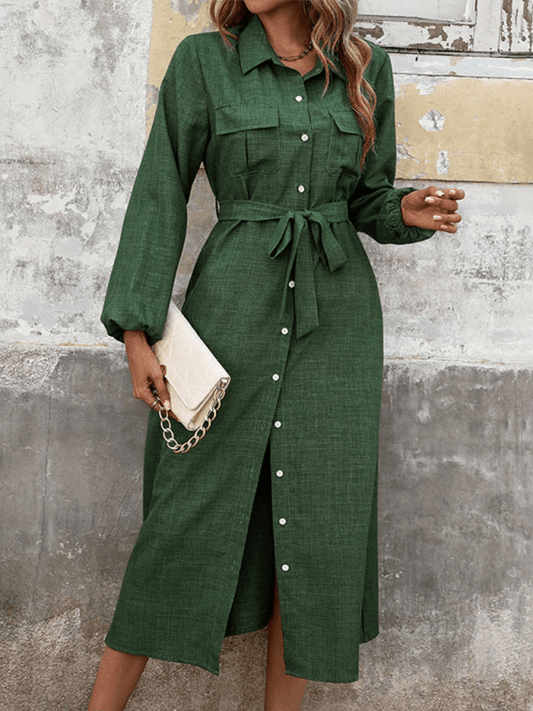 Lapel Green Long Sleeve Midi Dress