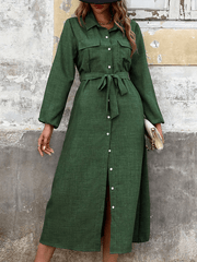 Lapel Green Long Sleeve Midi Dress