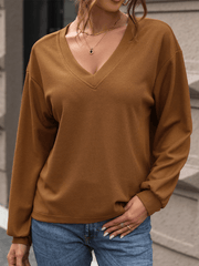 women's waffle v-neck long-sleeved T-shirt