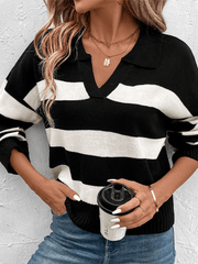 women's loose tops black and white striped lapel sweaters