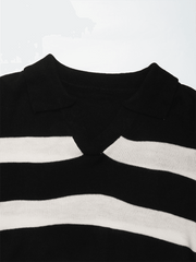 women's loose tops black and white striped lapel sweaters