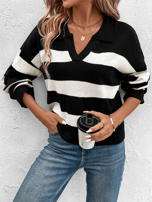 women's loose tops black and white striped lapel sweaters