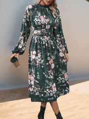 floral print elegant high waist long sleeve midi dress