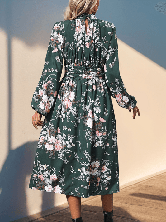 floral print elegant high waist long sleeve midi dress