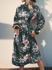 floral print elegant high waist long sleeve midi dress